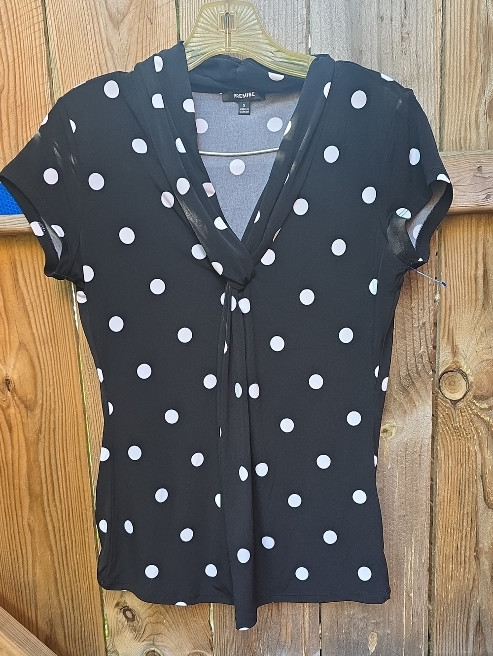 Premise Black Polka Dot Tie-Neck Short Sleeve Top